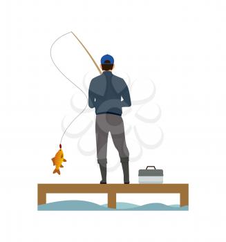 Wooden placing and fisher catching a fish banner, isolated on white background vector illustration, fishing hobby, rod with take and case with tackle