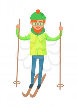 Man in gear, riding on skis with poles, guy wears winter clothes, green hat, warm jacket and blue trousers isolated cartoon flat vector illustration.