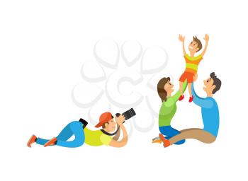 Family photo session, kid and parents. Photographer holding camera making picture of mother with father raising child vector illustration isolated.