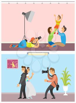 Family photo session, kid and parents. Photographer holding camera making picture of mother with father raising child. Wedding day of happy couple vector
