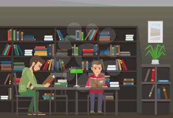 Two boys sit at table and read books in library with bookcase and plant on background. Vector illustration of young male people that learn new information in educational institution with many books