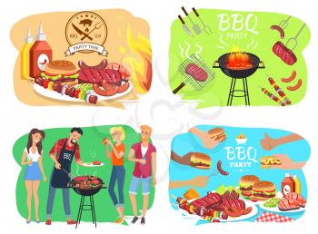 Barbecue party with roasted meet, people with drinks, tasty hamburgers, grilled sausages, red ketchup and yellow mustard vector illustrations set.