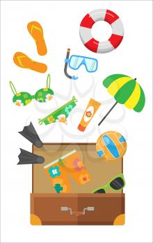 Summertime. Snorkel flippers mask ball cream umbrella trousers slippers lifebuoy and glasses in suitcase. Beach vacation banner. Travelling conceptual poster. Things necessary for rest. Vector