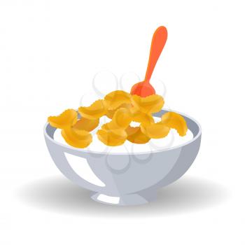 Cornflakes cereals in deep bowl with milk and red spoon isolated on white. Vector colorful illustration of healthy breakfast dish.