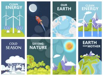 Clean energy on Earth, cold season, saving nature and Earth our mother agitation ecology day posters vector illustrations set.