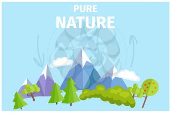 Pure nature with green trees and snowy mountains against blue background with recycling silhouette sign. Clean environment vector illustration