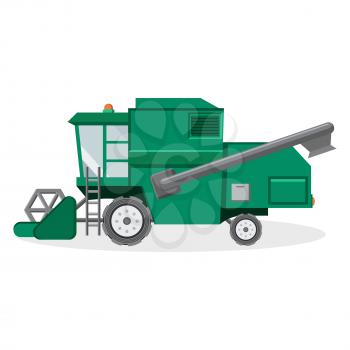 Green combine harvester for farmers to work on fields isolated on white background. Machinery for human facilitation of labor vector illustration.