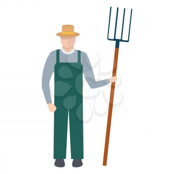 Farmer with a pitchfork in straw hat and green overalls vector illustration isolated on white background. Farm worker in flat style
