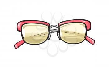 Fashionable eyeglasses with coral frame and yellowish lenses isolated on background. Glamorous spectacles for sight correction and elegant look. Vector illustration of trendy glasses.