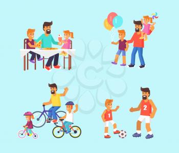 Fathers day poster with children eating out pizza, visiting amusement park, riding bike, playing football. Vector illustration of activities with dad