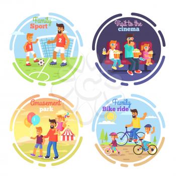 Fathers day poster with dad and children playing football, visiting amusement park, going to cinema, riding bike. Vector illustration of daily family activities in circles