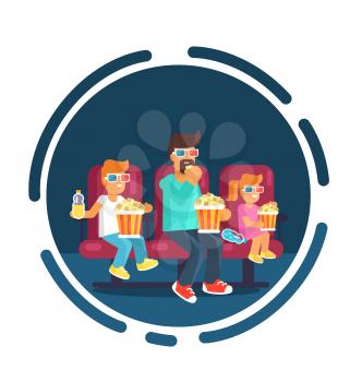 Visit to cinema with father poster in round circle. Redhead daughter, teen son and dad in glasses watching an interesting film together vector illustration