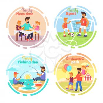Father s day colorful vector greeting card with dads and children spending time together eating pizza, playing football, fishing and walking in park