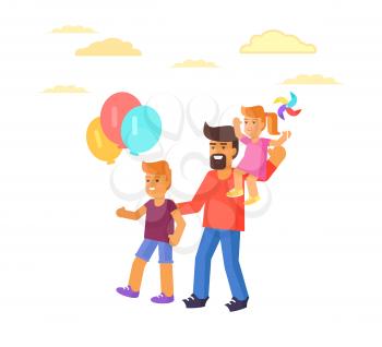 Father with son holding air balloons and daughter sitting on dads shoulders vector illustration isolated on white. Spending holidays together