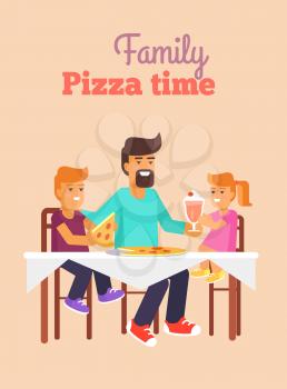 Family pizza time vector illustration of father, daughter and son having lunch together vector illustration. Dad and children sit at the table and eat