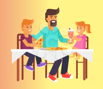 Father, daughter and son having lunch together vector illustration. Dad and children sit at the table and eat pizza, family spend leisure time