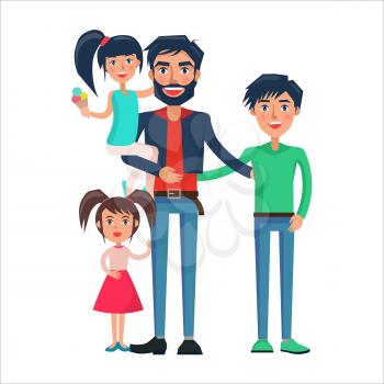 Happy father of many children vector illustration isolated on white background. Dad with two adorable daughters and teenager son