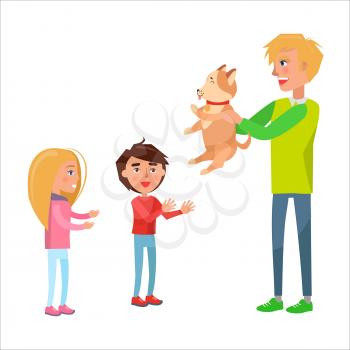 Father presents dog to his son and daughter as a present on dads day vector illustration isolated on white. Spending happy holidays together concept