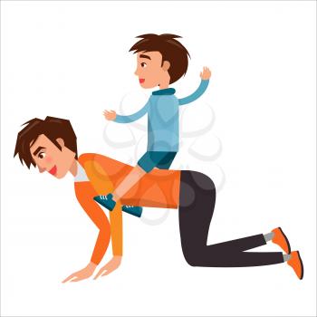 Little boy riding on his father s back isolated on white. Vector illustration in fatherhood concept, spending time together
