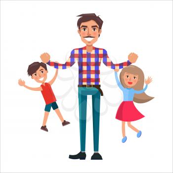 Father playing with his son and little daughter holding them on arm. Vector illustration of strong healthy man with children isolated on white
