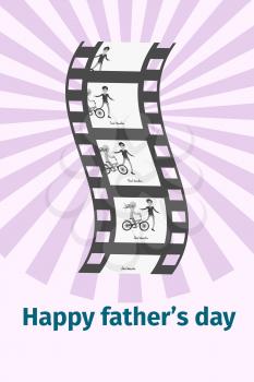 Happy Father s Day family moments on black film reel isolated on striped background. Moving picture of dad and daughter on bike