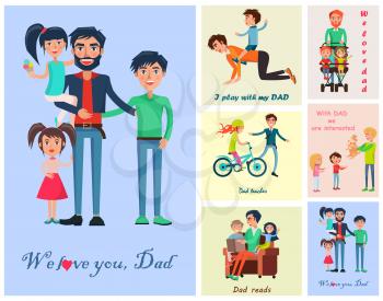 Happy life moments with father vector colorful poster of dad with three kids near six small photos of daddy s care and love