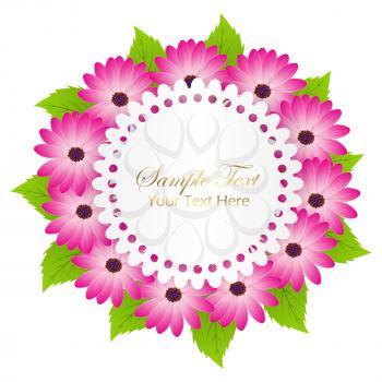 Sample text your text here congratulation postcard with pink dahlia flowers and leaves in circle with wave edge inside vector illustration on white