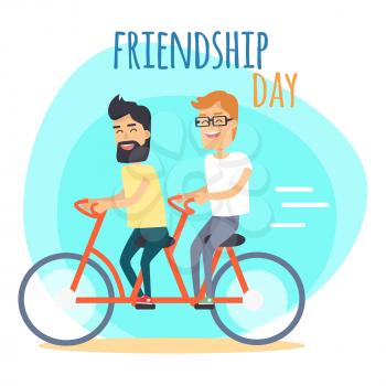 Friendship Day. Two best friends. One brunette with beads and other redhead in glasses, ride double bicycle on blue background with sign. Vector illustration of Friendship Day promotion poster.