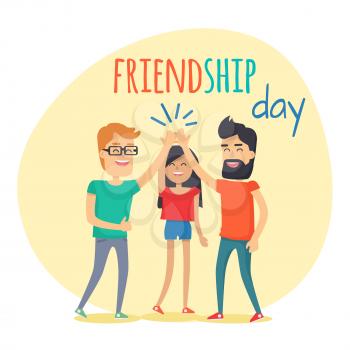 Best friends girl and boys spend fun time, friendship day flat design. Guys and woman dressed in T-shirts clapping hands together above heads. Vector illustration banner in cartoon style