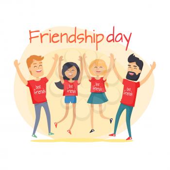 Best friends girls and boys spend fun time, friendship day flat design. Four guys dressed in red T-shirt. Male clothed blue trousers, female in blue skirt and shorts vector illustration web banner.