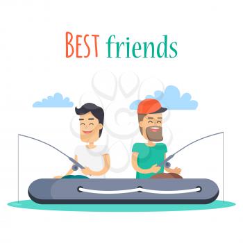 Best friends outdoor leisure concept. Two smiling men fishing on inflatable boat flat vector on white background. Happy fellows enjoy joint hobby cartoon illustration for friendship day concept design