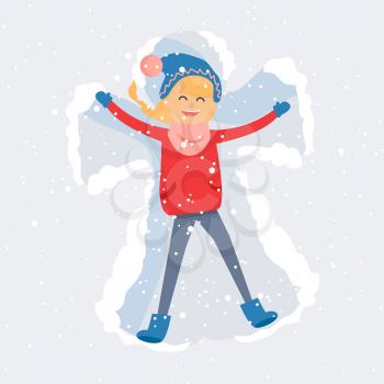 Young woman enjoy first snowfall. Happy blond girl lying in snow on back and moving arms and legs flat vector. Smiling lady making snow angel cartoon illustration for winter entertainments concept