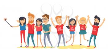 Happy best friends have fun together. Young men and women laughing with raised hands, making selfie flat vector isolated on white. Group of happy people cartoon illustration for friendship day concept