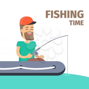Fishing time. Cartoon fisherman in cap and turquoise T-shirt sits in inflatable boat, smiles and do fishing on water on white background. Vector illustration of male hobby in flat cartoon style