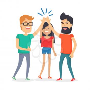Guys and woman dressed in T-shirts clapping hands together above heads. Vector illustration banner in cartoon style isolated on white. Best friends girl and boys spend fun time, friendship day concept