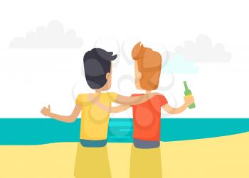 Two best friends drinking beer at the seaside vector illustration. Two males friendly hugging and talking on shore coast. Drinking alcoholic beverage with old mate in flat design cartoon style