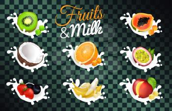 Fruit and milk vector poster with dark transparent background. Collection of green kiwi, orange and coconut halves, yellow banana, red strawberries, blueberry pile and tropical fruit splashing in milk