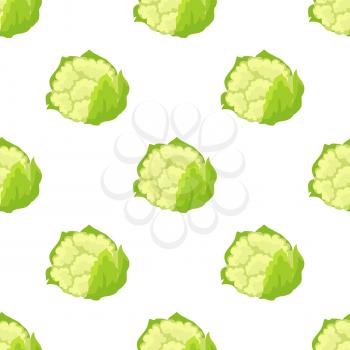 Cauliflower isolated seamless pattern. Vector illustration of fresh organic vegetable plant, healthy green cabbage in flat design cartoon style. Nutritious dieting ingredient endless texture