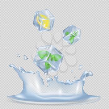 Realistic ice cubes with green spearmint leaves and small lemon slice dropping in water splashes isolated vector illustration on transparent background.