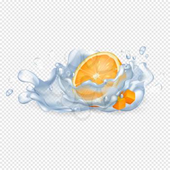 Half orange fruit in drops of clean water with big splashes isolated realistic vector illustration on transparent background.