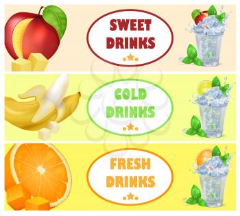 Sweet cold fresh drinks with frozen ice, mint leaves, red apple, sour lime, juicy orange and peeled banana vector illustrations.