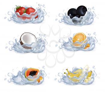 Sweet strawberries, half of coconut, tasty papaya, forest blueberries, juicy orange and peeled banana drop in water vector illustrations.