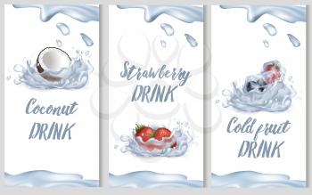 Tropical coconut, sweet strawberry and cold fruit drinks promotional poster vector illustration with water and ice cubes.