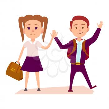 Schoolboy with rucksack and schoolgirl with bag in purple uniform hold hands isolated vector illustration on black background.