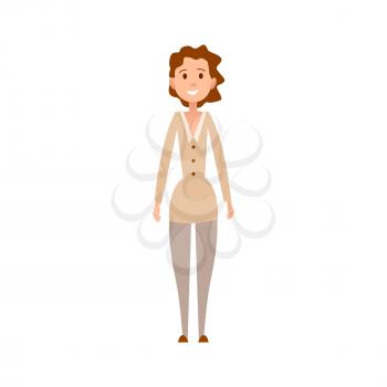 Woman with curly brown hair and friendly face expration in beige jacket isolated on white background. Female cartoon character vector illustration.