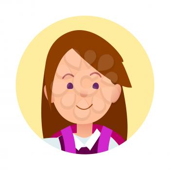 Portrait of brunette joyful woman closeup icon in yellow circle on white background vector illustration. Schoolgirl kid avatar profile
