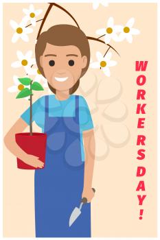 Happy gardener in blue apron with green plant in red pot and garden shovel isolated on blooming tree on card for workers day vector illustration