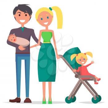 Parents Day poster vector illustration of happy family with father holding newborn son, mother and their young daughter in stroller