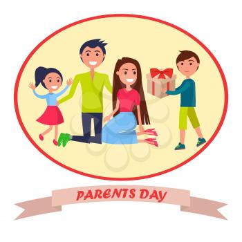 Parents day banner in round frame vector illustration of gleeful daughter with her mother and father receiving present from their young son