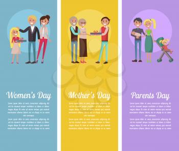 Poster devoted to Women s, Mother s, and Parents Day. Vector illustration of happy families celebration some of these spring holidays